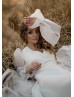 V Neck Ivory Organza Lace Tie Back Airy Wedding Dress